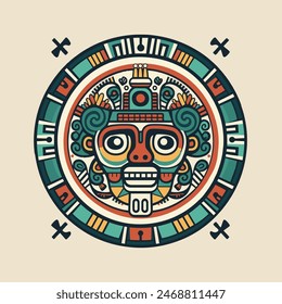 Maya traditional multicolored stone ornament mask vector logo. Aztec culture face illustration design isolated on background, symbol of mexican ancient religion icon art