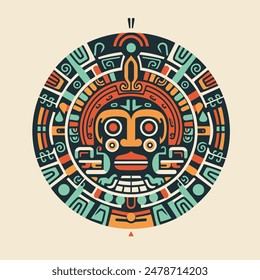 Maya traditional multicolored stone ornament mask vector logo. Aztec culture face illustration design isolated on background, symbol of mexican ancient religion icon art