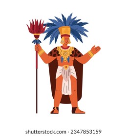 Maya tribal leader in traditional ethnic costume, animal skin cape and feather headdress standing with spear. Cartoon warrior vector illustration isolated on white. Maya ancient culture and traditions