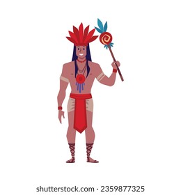 Maya tribal leader in traditional ethnic costume and red feather headdress standing with decorated spear. Cartoon warrior vector illustration isolated on white. Maya ancient culture and traditions