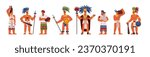 Maya tribal leader, warrior with weapon and locals women in traditional ethnic costume. Cartoon vector isolated illustrations set aztec characters. Maya ancient people civilization culture, traditions