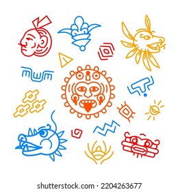 Maya tribal signs - colorful line design style illustration set with editable stroke. High quality colorful images of tribal warrior, monster head, dragon, drum, corn, hieroglyphs, calendar circle