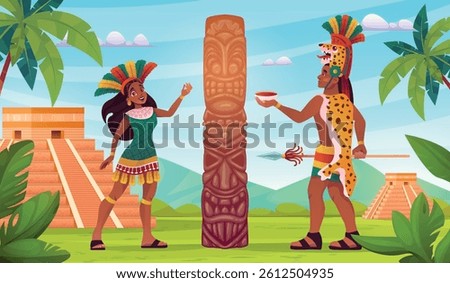 Maya tribe ritual. Mayan aztec inca tribe dance at teotihuacan pyramid building, ancient history mexico culture mexican or native american indian man, swanky vector illustration original artwork