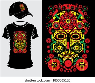 Maya vector mask. Vintage psychedelic composition. For shirt, cap, poster, banner, emblem, sign, logo, tattoo, graffiti, vinyl wallpaper.