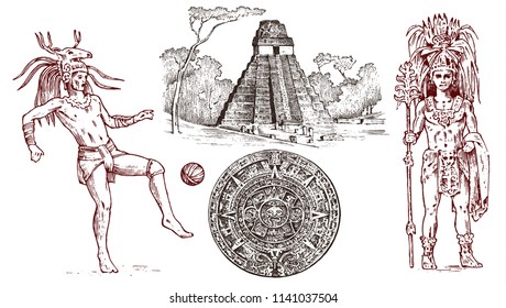 Maya Vintage pyramid, portrait of a man, traditional costume, calendar and decoration on the head. Native Aztec culture. Ancient Monochrome Mexico. Engraved hand drawn old sketch for label background