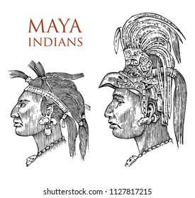 Maya Vintage style. Aztec culture. Portrait of a man, traditional costume and decoration on the head. Native tribe, Ancient Monochrome Mexico. engraved hand drawn old sketch. warrior for label.