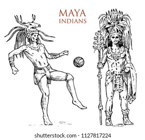 Maya Vintage style. Aztec culture. Portrait of a man, traditional costume and decoration on the head. Native tribe, Ancient Monochrome Mexico. engraved hand drawn old sketch. warrior for label.
