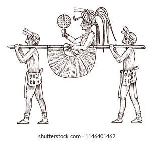 Maya Vintage style. Aztec culture. Litter vehicle or palanquin for the transport of persons in traditional costume. Native tribe, Ancient Monochrome Mexico. Engraved hand drawn old sketch.
