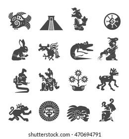 Maya  writing ancient script black icons collection with astrological signs and sacred symbols abstract isolated vector illustration 