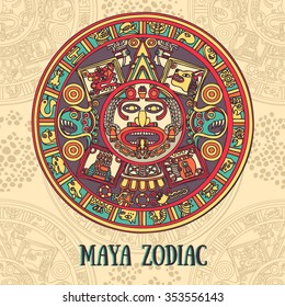 Maya zodiac, card with ethnic ornament, vector illustration