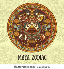 Maya zodiac, card with ethnic ornament, vector illustration