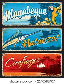 Mayabeque, Matanzas, Cienfuegos Cuban regions travel plates and stickers. Provinces of Cuba vector signs with flag and map, royal palms, parrot, mariposa flowers and Caribbean Sea beach landscapes