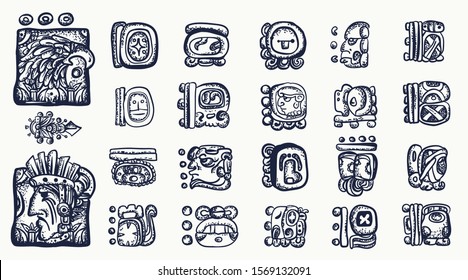 Mayan Alphabet. Mexican Mesoamerican Glyphs, Hieroglyphics. Maya Civilization Collection. Old School Tattoo Style 