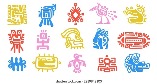 Totem von Maya-Tieren. Alte maya aztec gebürtige Mythologie-Symbole, traditionelle mexicanische indigene rituelle Monsterzeichen. Vektorfarbiges Set. Religiöse Charaktere, traditionelle kulturelle Idole