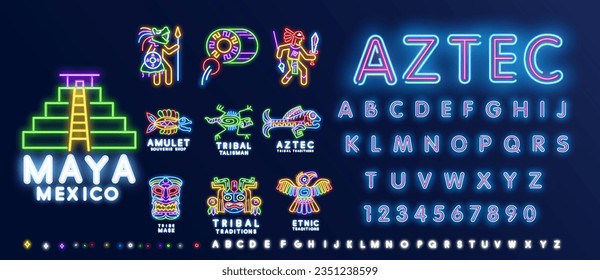 Mayan animal totem. Ancient maya aztec native mythology symbols, traditional old mexican indigenous ritual monster signs. Vector colorful set.