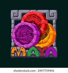 Mayan APP icon for 2D game. Slot symbol. Colored Aztec amulets in stone frame for your 2D game