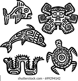 Mayan art animals vector set. Slow turtle, active dolphin, dangerous moray eel, mysterious octopus, amazing fish. EPS 10