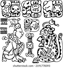 Mayan and aztec glyphs with ancient characters and ornaments on white. Vector image