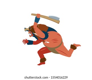 Mayan, Aztec or Inca warrior character in skin of bear, wearing a bear helmet brave runs toward and attacking with the traditional weapons. Vector cartoon illustration isolated of white background