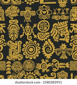 Mayan and aztec ornaments for ethnic decoration design with golden color seamless pattern of eagles, warriors, pyramids, turtles, snakes and suns, lizards and fishes. Vector mayan seamless pattern.