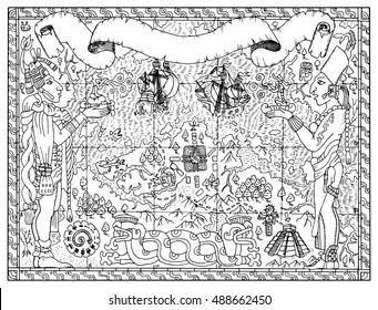 Mayan, aztec or pirate map with two gods, ships and fantasy land. Hand drawn vector illustration for adult or kids coloring book. Vintage adventures, treasures hunt and old transportation concept