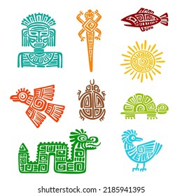 Mayan aztec totem animals, vector animal symbols with tribal ethnic pattern of ancient native mexicans or inca. Lizard, sun, snake and eagle, god or idol, turtle, fish and crow indigenous totems