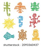 Mayan aztec totem with isolated vector symbols of animals and birds. Ancient Mexican tribal eagle, snake, turtle and lizard, aztec god, pyramid, sun and monkey, fish, frog, raven with ethnic pattern