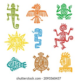 Mayan aztec totem with isolated vector symbols of animals and birds. Ancient Mexican tribal eagle, snake, turtle and lizard, aztec god, pyramid, sun and monkey, fish, frog, raven with ethnic pattern