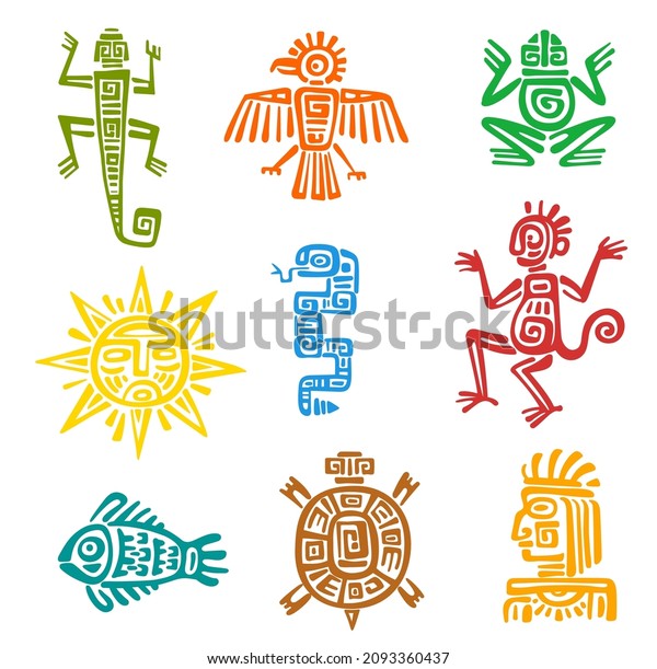 Mayan aztec totem with isolated vector symbols of\
animals and birds. Ancient Mexican tribal eagle, snake, turtle and\
lizard, aztec god, pyramid, sun and monkey, fish, frog, raven with\
ethnic pattern