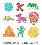 Mayan aztec totem of snake, eagle bird, fish and chameleon, monkey, dog and tiki mask, sun, Incas pyramid. Latin America or mexican history, traditional art or maya civilization vector ancient symbols