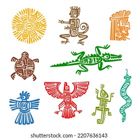 Mayan aztec totems of ancient mexican eagle bird, monkey, snake and Inca god face vector symbols. Isolated tribal sun, turtle, chameleon lizard, crocodile and crow with color ethnic pattern of Maya