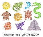 Mayan aztec totems. Mexican, inca or maya ancient civilization tribal symbols and tattoos of sun, mythology birds and animals. Eagle, turtle, god mask, lizard and pyramid, idol head, fish and snake