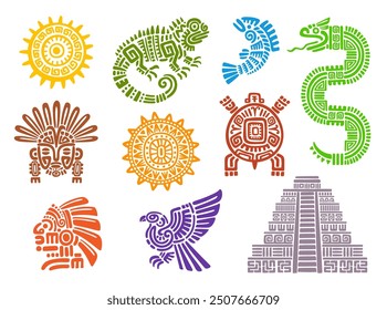 Mayan aztec totems. Mexican, inca or maya ancient civilization tribal symbols and tattoos of sun, mythology birds and animals. Eagle, turtle, god mask, lizard and pyramid, idol head, fish and snake