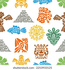 Tótem azteca maya patrón sin fisuras. Impresión textil o de tela, envoltura de fondo de color de papel con cultura maya nativa de México, pirámide indiana azteca, pescado y sol, águila, símbolos de máscara facial adorno