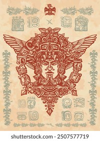 Mayan background. Ancient totem, wings and mayan sun. Old paper vector. Cover page template. Aztec art. Mexican god. Mesoamerican mythology