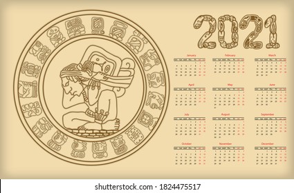 Mayan calendar. 2021 calendar planner set for template corporate design week start on Monday.