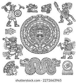 Mayan Calendar, surrounded by Aztec warriors, skull, jaguar and snake vector ink illustration set