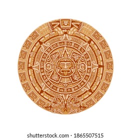 Mayan calendar vector ancient mexican round stone with hieroglyph symbols. Aztec culture, religion and tradition sculpture, astrological calendar with face show tongue isolated on white background