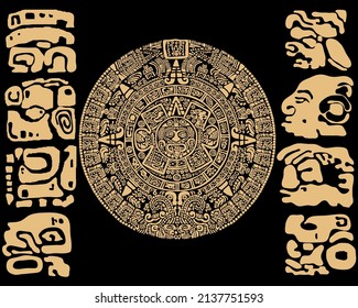 Mayan calendar.Mask of the ancient peoples of America. Images of characters of ancient American Indians.The Aztecs, Mayans, Incas.
