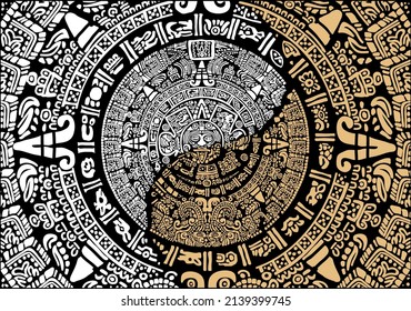 Mayan calendar.Mask of the ancient peoples of America.Images of characters of ancient American Indians.The Aztecs, Mayans, Incas.

Signs and symbols of the ancient world. Mexican ancient Mayan calenda