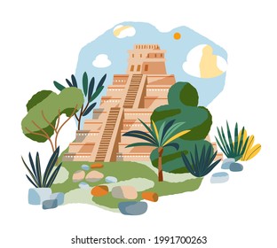 Mayan Chichen Itza temple background. Ancient civilisation icon in Mexico vector illustration. Ancient building in nature with trees and stones on white background. Wallpaper design.