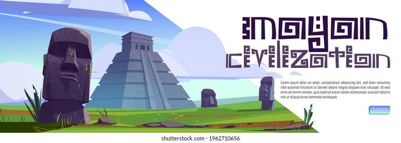 Mayan civilization cartoon web banner. Ancient pyramids of maya and moai statues on Easter island. South american landmarks Chichen Itza and Kukulkan temples with stone sculptures, vector illustration