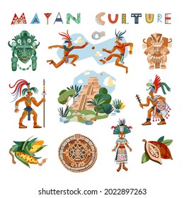 Mayan culture and people set. Ancient civilisation icons in Mexico vector illustration. Tribal men and woman, Chichen Itza temple, calendar, masks, cacao, corn, text on white background.