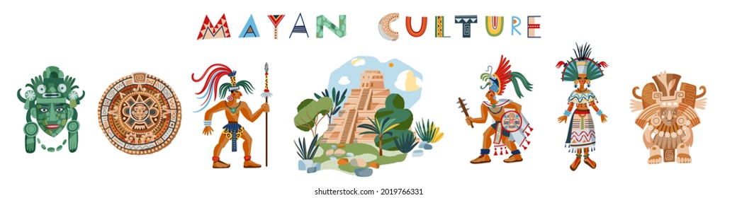 Mayan culture and people set in row. Ancient civilisation icons in Mexico vector illustration. Tribal men and woman, Chichen Itza temple, calendar, masks, text on white background.