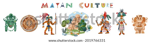 Mayan culture and people set in row. Ancient civilisation icons in Mexico vector illustration. Tribal men and woman, Chichen Itza temple, calendar, masks, text on white background.
