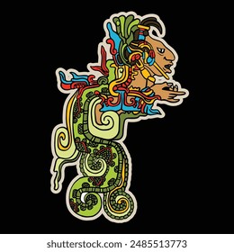 Mayan deity Kukulkan on black background. Prints for stickers or shirts