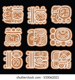 Mayan glyphs, writing system and languge vector design in brown