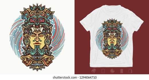 Mayan god. Print for t-shirts and another, trendy apparel design. Ancient aztec totem carved in stone 