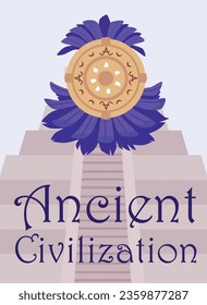 Mayan idol, feathered shield. Aztec old pyramid, antique architecture. Tribal guard totem decorated with feathers. Maya ancient civilization culture and traditions. Vector historical cartoon poster
