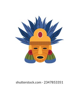 Mayan idol mask decorated with feathers. Aztec, Maya totem face, religious symbol. Tribal tiki warrior mask. Maya ancient civilization culture and traditions. Cartoon vector isolated illustration